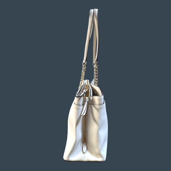 Calvin Klein White Purse Pocketbook Chain Straps Key Item Saffiano Leather Tote - Picture 3 of 12